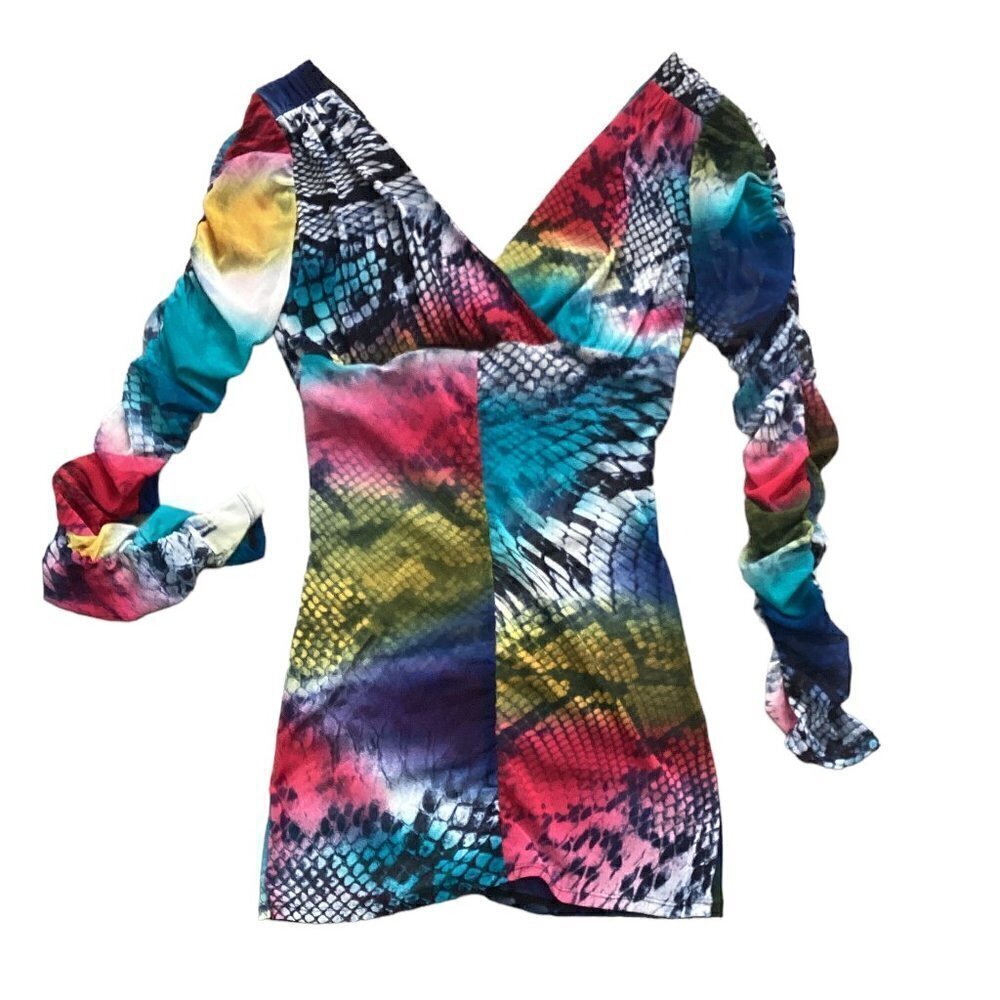 Women's Contemporary Ruched Sleeve Surplice Mini Dress Mixed Pattern S/M #186i - Picture 7 of 7